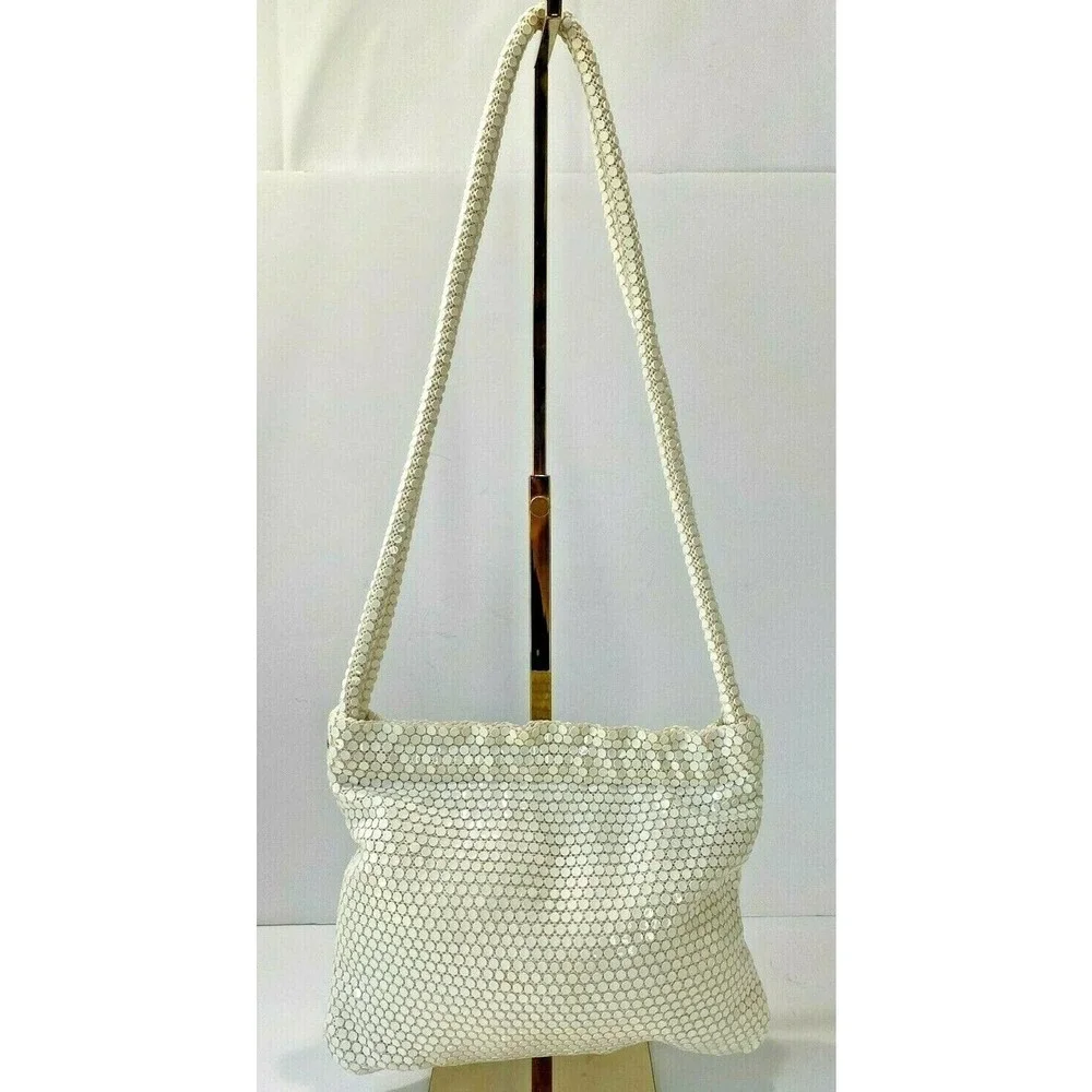 Vintage Handmade White Sequin Mesh Shoulder Bag Purse Hinged Opening